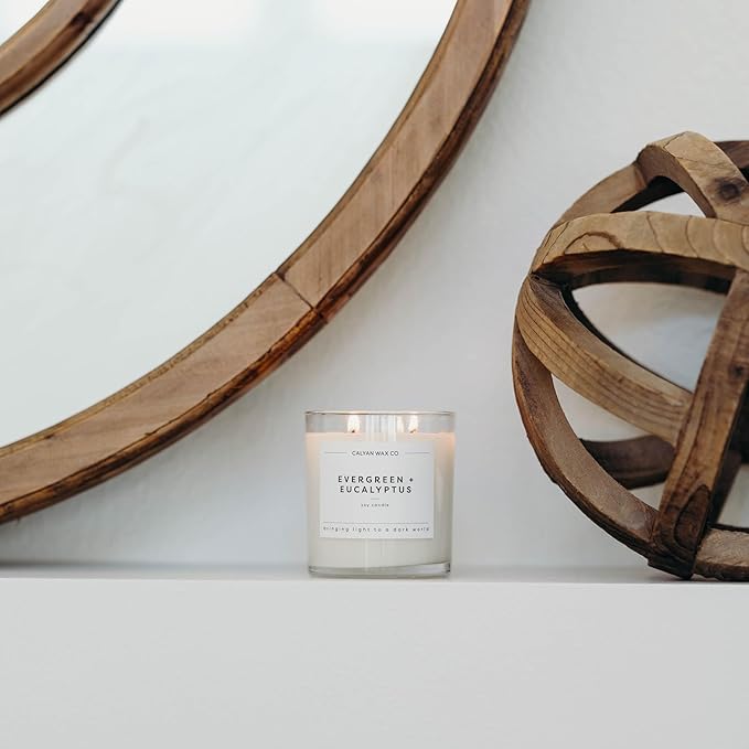 Calyan Wax Co. Evergreen & Eucalyptus 2 Wick Scented Candle - 37 Hour Burn - Luxury Non Toxic Soy Wax Candles - Long Lasting Large Glass Jar Candle for Home - 8.8oz