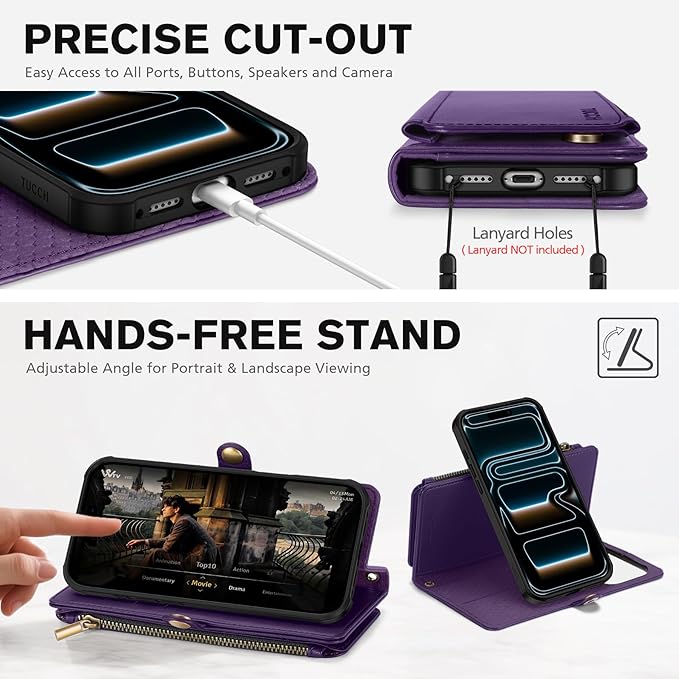 TUCCH Removable Crossbody Wallet Case for iPhone 17 Pro Max, RFID Blocking 10 Card Holders, Lanyard, Wrist Strap, Wireless Charging, Stand, Zipper Pocket, PU Leather, Magnetic Flip Cover, Deep Purple