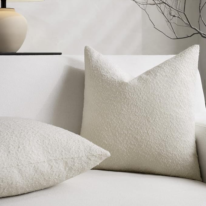 Throw Pillow Covers 18 x 18 Inch Set of 2, Decorative Cream White Soft Boucle Accent Textured Pillow Cover, Cozy Neutral Cushion Pillow Case for Couch Sofa, Bedroom, Living Room Decor