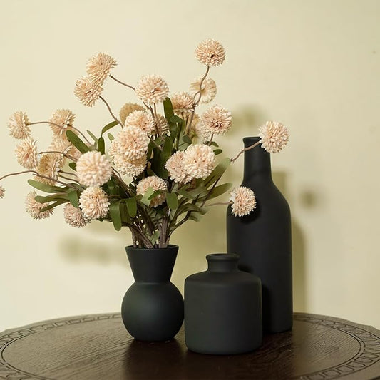 Ceramic Flower Vase Set of 3, Fake Flowers in Vase for Centerpieces with 8 Artificial Autumn Chrysanthemums Artificial Decorative Swags