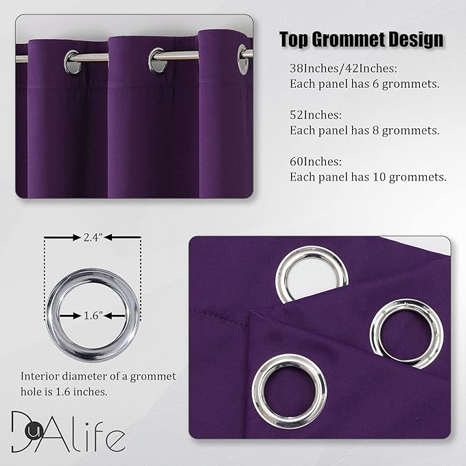 DUALIFE Dark Purple Room Darkening Window Curtain Panels for Bedroom 72 Inch Length Set of 2 Panels Grommet Top Purple Solid Blackout Curtains Drapes for Living Room 52x72 Inch