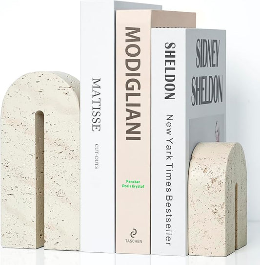 Book Ends for Shelves, Resin Heavy Duty Decorative Bookends, Retro Arch Book Holder for Heavy Books, Imitation Travertine Book Stopper for Home Decor, Study, Bookshelf, Desktop, Set of Two