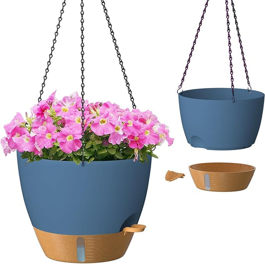 ZMTECH 12 Inch Hanging Planters for Indoor Plants & Outdoor - 2 Pack Self-Watering Hanging Pots with Drainage Holes, Visual Reservoir, Plastic Hanging Baskets Flower Pots with Removable Saucer, Blue