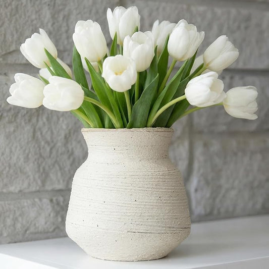 Rustic Wide Mouth Ceramic Flower Vase for Home Decor,Handmade Vintage Stoneware Clay Pottery Terracotta Textured for Modern Farmhouse, Living Room, Office Desk Table Shelf(Beige White) 6IN
