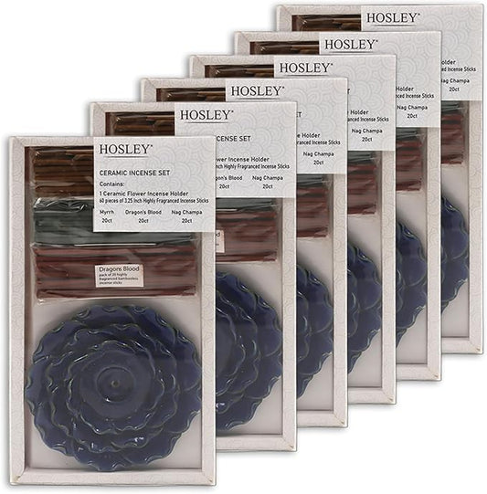Hosley Incense Sticks Gift Set Each Includes 60 Incense Sticks & a Flower Ceramic Holder - Bathroom Set for Home, Weddings, Meditation, Spa, Bathroom Use - 6 Sets