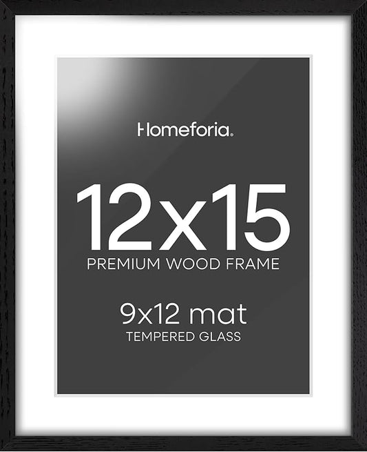 Homeforia 12x15 Black Wood Picture Frame, High End Oak 12x15 Poster Frames with Mat 9x12 Print, 12 x 15 Black Wooden Frame Matted to 9 by 12 Photo, 15x12 Thin Frame, Tempered Glass, Wall Kit, Set of 1