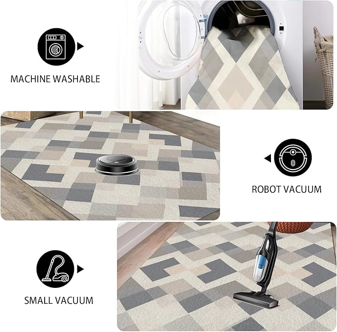 Modern Area Rug Living Room Rugs 3x4, Minimalist Soft Boho Geometric Rug, Non-Slip Washable Low Pile Non Shedding Carpet for Bedroom Office Dining Room Kitchen Nursery, Gray Beige White