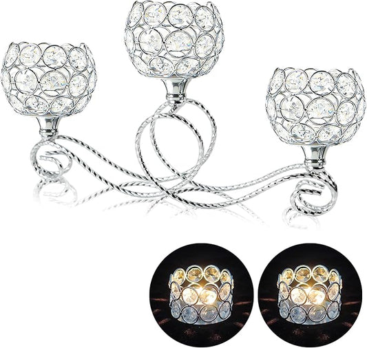 Gold/Silver Metal Crystal Tea Light Candle Holder, Elegant Wedding Table Centerpiece 3/5 Arm Crystal Candle Holder, Christmas Votive Candle Holder for Wedding Living Room Decor (Silver, 1pc-3 Arm)