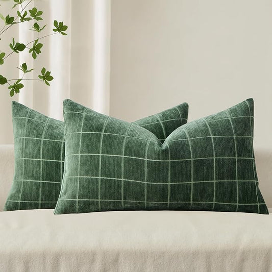 MIULEE Decorative Chenille Check Lumbar Throw Pillow Covers Vintage Plaid Couch Pillows 12x20 Inch Set of 2 Neutral Boho Cushion Covers Modern Spring Home Decor for Sofa Bed Living Room Moss Green