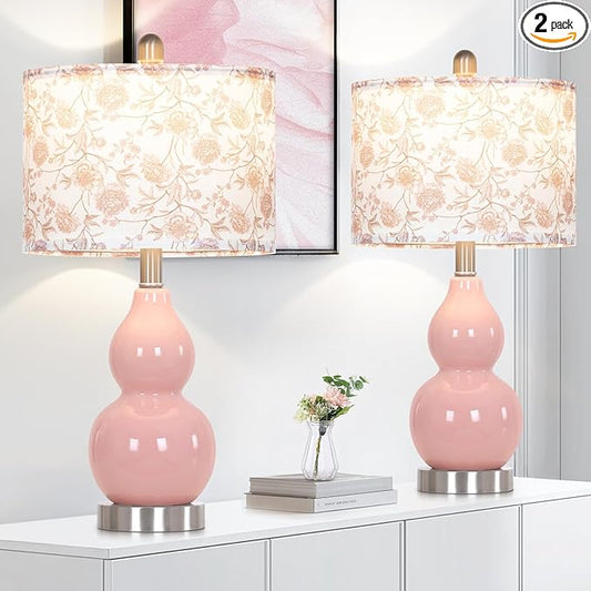 Pink Double Gourd Ceramic Lamps Set of 2 with Flower Lampshade, Modern Table Lamps for Living Room, Contemporary Nightstand Bedside Lamp for Bedrooms End Tables Office Dorm Decor(2 LED Bulbs Included)