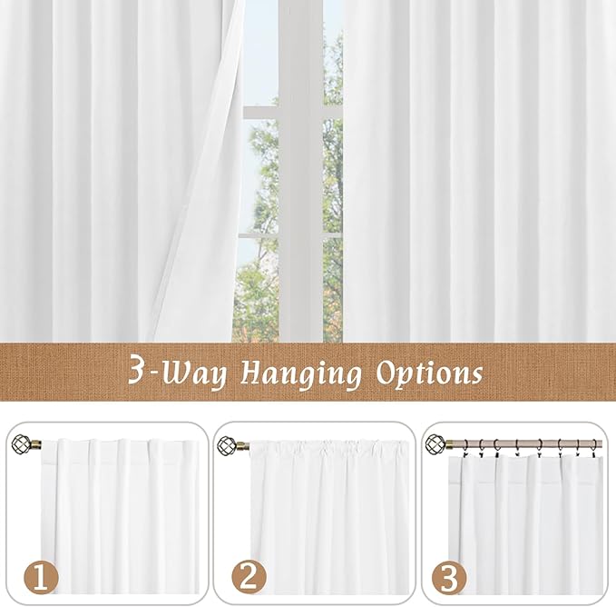LAMIT 100% Blackout Linen Curtains, 45 Inches Linen Textured Thermal Bedroom Curtains Back Tab and Rod Pocket Neutral Panels with White Liner for Farmhouse, 2 Panels, 42 x 45 Inch, White
