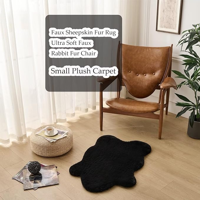 1700GSM Fuzzy Faux Sheepskin Fur Area Rug,Extra Soft Faux Fur Mat,Fluffy Shaggy Fur Rug for Bedroom Living Bedside Rug Room Decor-Black, 4 x 6 ft