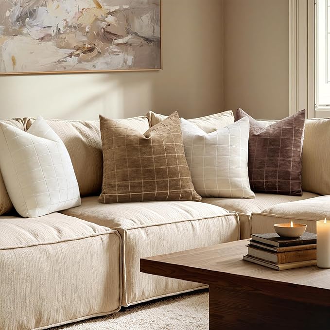 MIULEE Decorative Chenille Check Throw Pillow Covers Vintage Plaid Couch Pillows 20x20 Inch Set of 2 Neutral Boho Farmhouse Cushion Covers Modern Home Decor for Sofa Bed Living Room Toffee