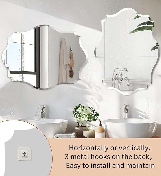 Frameless Scalloped Wall Mirror: Decorative Scallop Oval Mirrored Glass Vanity with Beveled Silver Edge for Bathroom Bedroom Livingroom Dining Room Entryway Hallway, 32 x 24 inch