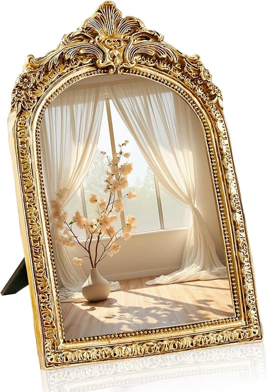 YUSONG Vintage Makeup Mirror for Tabletop - 8" Antique Gold Arched Desk Mirrors with Resin Frame Vanity Table Mirror for Bedroom Living Room Retro Decor