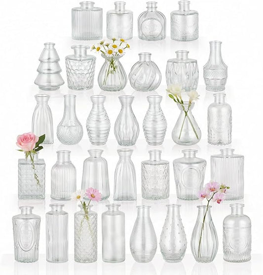 BEAHOT 32 Pack Bud Flower Vase in Bulk,Mini Vintage Glass Clear Vases for Centerpieces,Wedding Decor,Party & Home Decaration,Mother's Day (Clear)