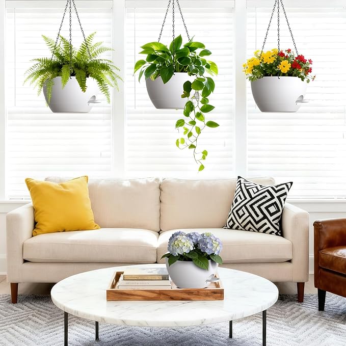 Set of 3-10 Inch Self Watering Hanging Planters for Indoor & Outdoor，Hanging Plant Pots with Drainage & Removable Tray, Hanging Pots for Ivy, Pothos Plant, Spider Plants, Ferns, Balcony & Patio, White