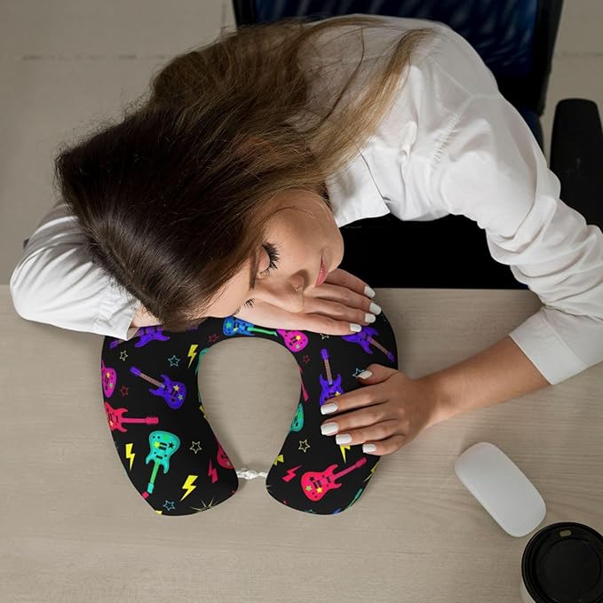 Breathable Neck Pillow for Sleeping Rest Nap Trippy Neon Electric Guitars, Airplanes/Car/Home Memory Foam Travel Cushion with Polyester Cover Washable for Women Men