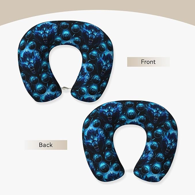 Breathable Neck Pillow for Sleeping Rest Nap Angry Wolf Blue, Airplanes/Car/Home Memory Foam Travel Cushion with Polyester Cover Washable for Women Men