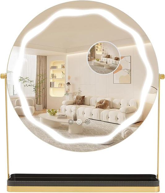 IDEALHOUSE Mirror with Lights, Three Color Adjustable LED Lighting, Removable Storage Case, 360° Rotation, Smart Touch Controls, Suitable for Desks/Bedrooms, Easy Assembly, Gold