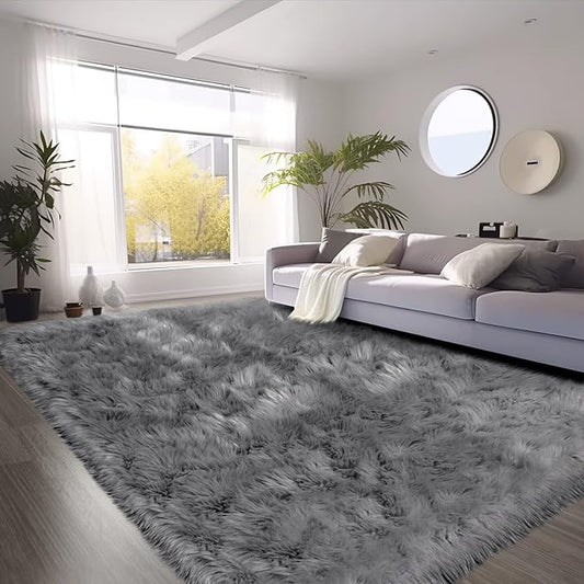 SERISSA Ultra Soft Faux Fur 6x9 Feet Fluffy Shaggy Area Rug Grey Faux Sheepskin, Fuzzy, Furry Throw for Living Room, Bedroom, Nursery