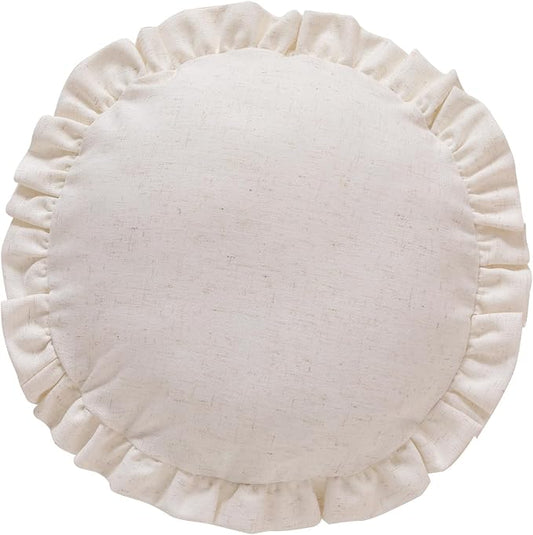 ISAENNE Classic Ivory White Round Throw Pillow Cover Diameter 16", Solid Color Farmhouse Linen Cotton Decoration Pillow Cover with Ruffles, Sturdy Throw Pillowcase for Couch Sofa Bed Living Room