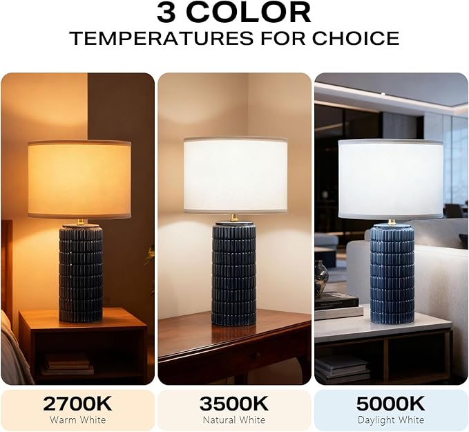Modern Ceramic Table Lamp Set of 2, Bedside Lamp for Bedroom Decor, Nightstand Lamp with 3 Color Temperatures, Desk Light for Living Room Dorm Office, Blue