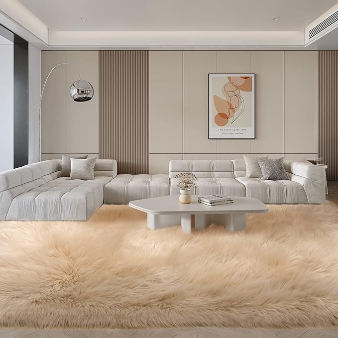 SERISSA Beige Faux Fur Sheepskin Rug 8x10 Feet, Large Fluffy Fuzzy Shaggy Area Rug, Furry Throw Rug for Living Room, Bedroom, Nursery Room Decor (Rectangle, Beige)