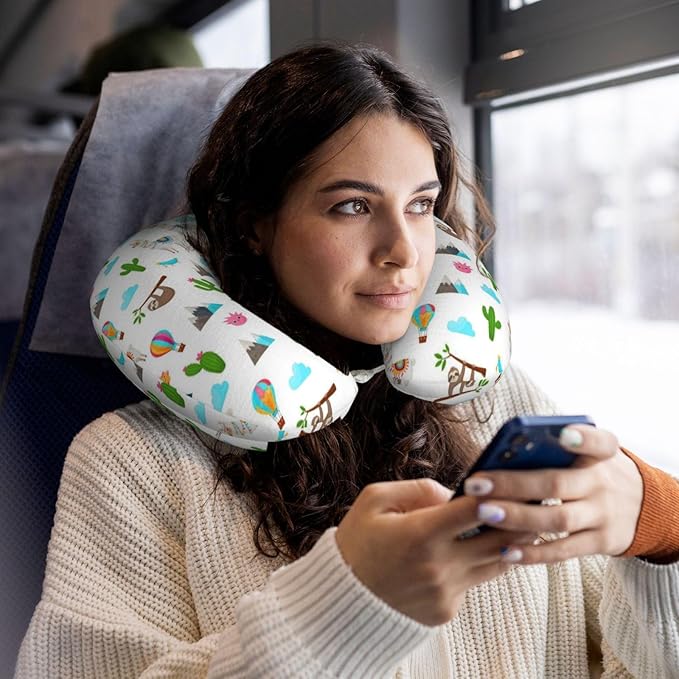 Travel Neck Pillows for Sleeping Rest Car Airplanes Sloth Llamas Cactus Pattern White, Memory Foam with Removable Breathable Zipper Cover Washable for Men Women