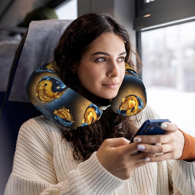 Comfortable Travel Pillow for Pain Relief Sleeping, Memory Foam Airplane Car Neck Pain Pillows Koifish Fish Yin Yang, Funny Chin Head Support Cushion