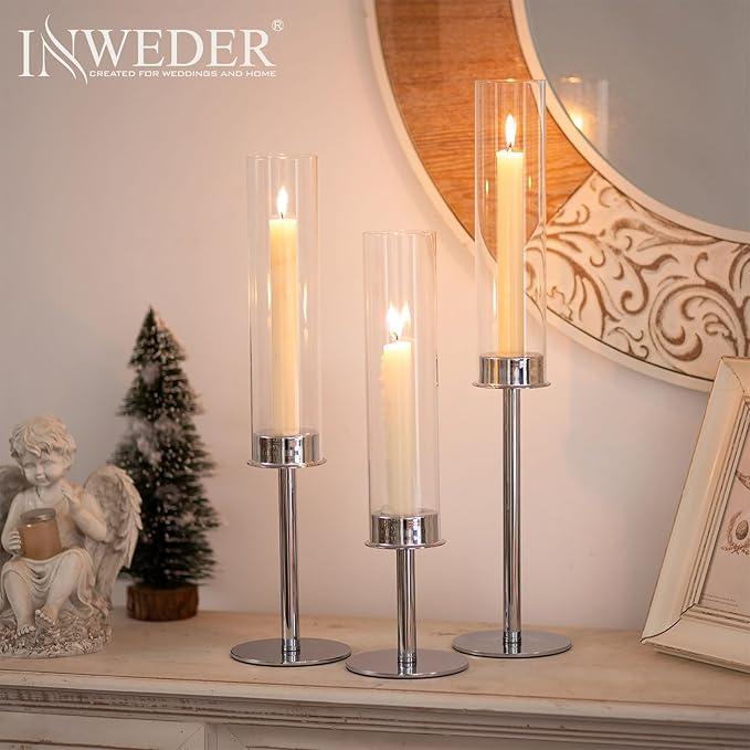 Hurricane Taper Candle Holders: Silver Glass Candlestick Holder Tall Candle Sticks Holder Decor with Glass Cover for Wedding Table Centerpiece Party Birthday Christmas Home Mantel Set of 3