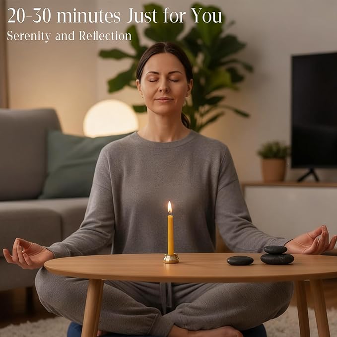 70Pcs Beeswax Candles 30 Minute Meditation Candles, Mini Taper Candles with Brass Candle Holders, Prayer Candle Gift for Yoga Relaxation Ritual Chime