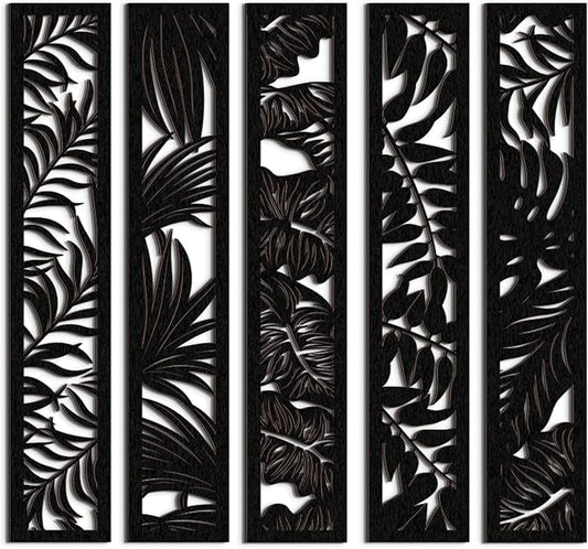 Blulu 5 Pieces Wooden Wall Art Hollow Wall Decor Wood Panels for Home Decorations Bedroom Living Room, 15.7 x 2.9 x 0.2 Inch(Leaf,Black)