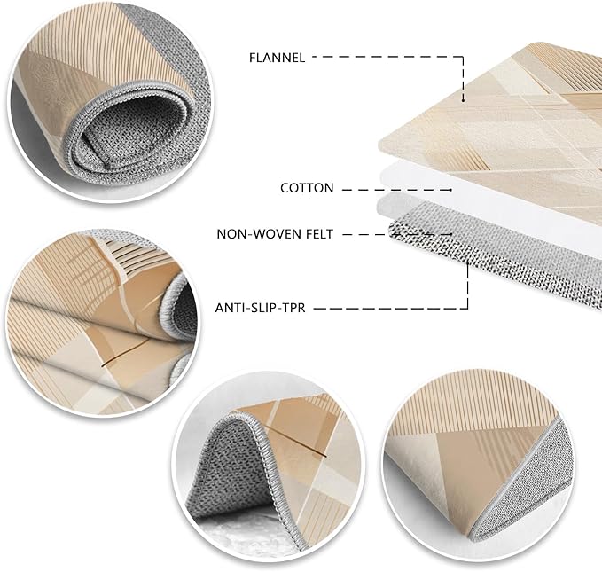 Minimalist Abstract Area Rug 6x8 Brown Boho, Modern Washable Stripe Art Rugs, Soft Non-Slip Low-Pile Carpet for Living Room, Bedroom, Kitchen, Dining Room, Pet Friendly, Non-Shedding, Beige