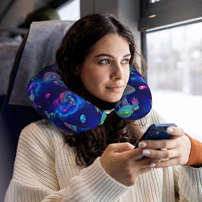 Neck Pillow Memory Foam Chin Cushion with Breathable Cover Trippy Mushrooms, Cute Airplane Car Pillows for Office Head Pain Relief