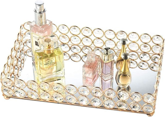 Feyarl 10 Inch Crystal Cosmetic Perfume Tray Vanity Makeup Jewelry Trinket Organizer Mirrored Decorative Tray Storage Home Deco Wedding Dresser Birthday Gift (Gold)