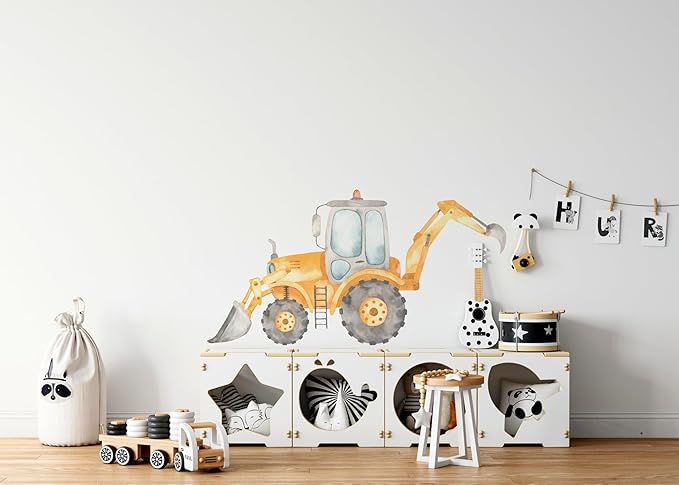 Construction Tractor Backhoe Loader Wall Decal for Boys Room, Construction Eqipment Peel Stick Removable Fabric Wall Sticker, Nursery or Playroom Decor, Repositionable (48 inch: 27" Tall x 48" Wide)