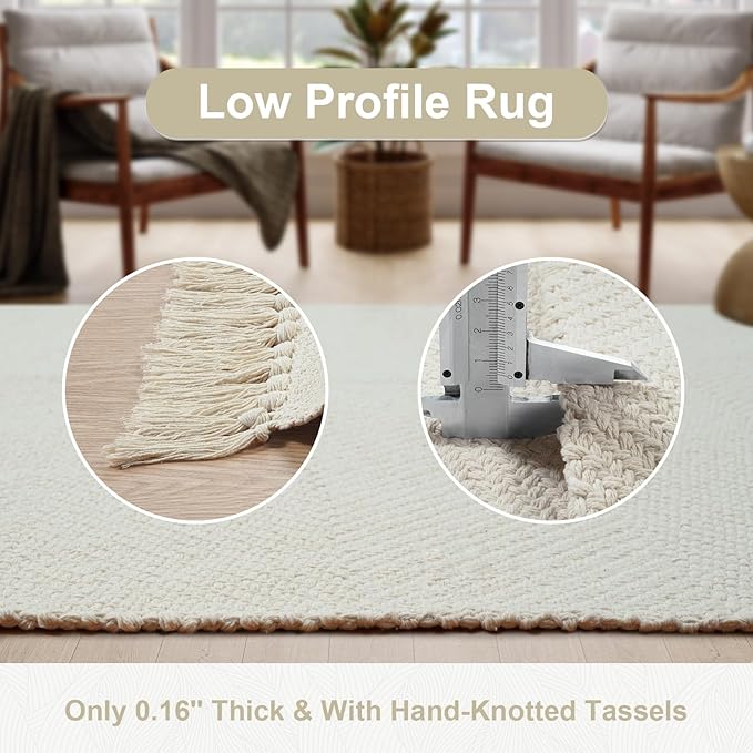 Collive Kitchen Runner Rug, 2' x 4.3' Hand-Woven Reversible Washable Rug, White/Beige Cotton Modern Farmhouse Bathroom Rug Hallway Carpet for Foyer Bedroom Entry Back Door Decor