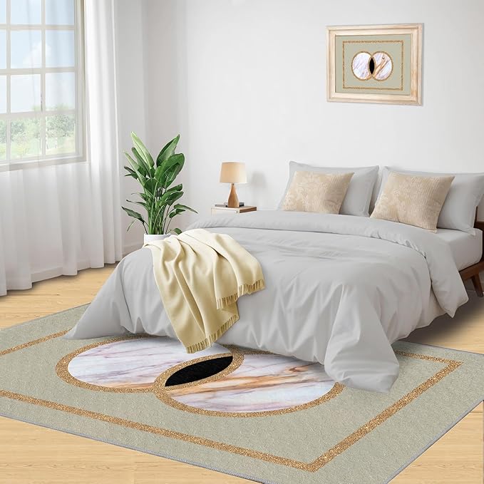 Abstract Marble Area Rugs Gilded Circle Rectangle Geometry Area Carpet Mid-Century Simple Rug Luxury Decor Rug for Living Room Door Mats Porch 5x7ft
