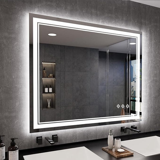 LED Mirror, 44x36 Inch Gradient Front and Backlit Lighted Mirror, 3 Colors Dimmable CRI>90 Double Lights, IP54 Enhanced Anti-Fog, Hanging Plates Bathroom Mirror with Lights