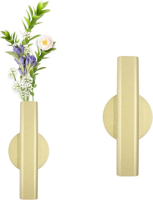6.3" Wall-Mounted Flower Tube, Top/Bottom Open Vase, Adhesive Metal Flower Open Tube Decoration Holder for Flower Display, Home Office Living Room Bedroom Decoration, 2pcs(Gold)