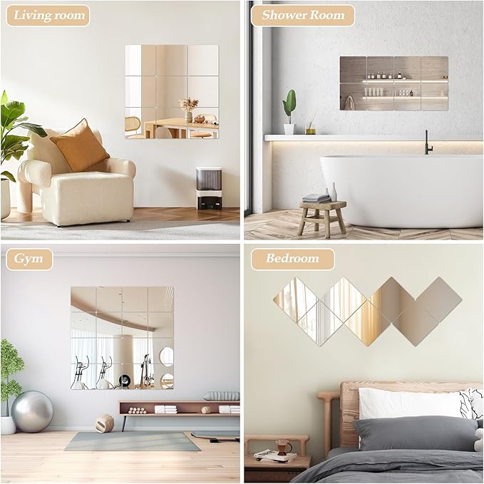 Abyssaly 10 Pack Acrylic Mirror Tiles, 11.8" x 11.8" Stick on Mirrors for Wall, Flexible Plastic Mirror Sheets Wall Stickers Small Espejos for Bedroom Home Gym Door