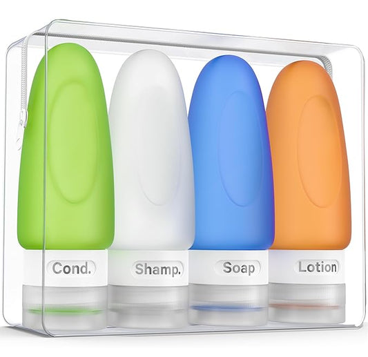 Dot&Dot Leak Proof Travel Bottles for Toiletries - 4 Pack Silicone Toiletry Containers - Shampoo and Conditioner Bottles With TSA Quart Bag - 2 oz Size