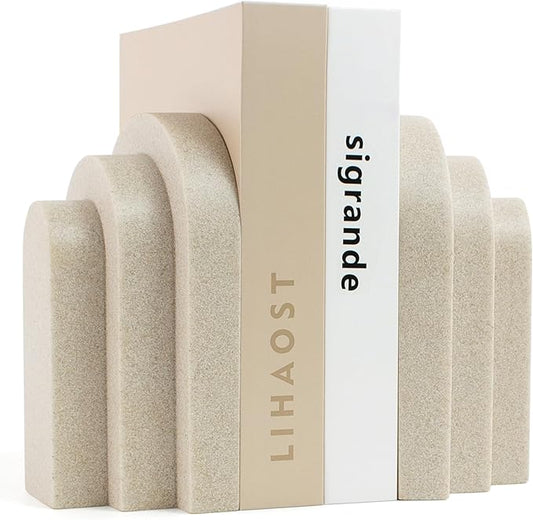 Heavy Duty Bookends for Shelves, 6.6 LBS Heavy Book Ends for Heavy Books, Decorative Modern Bookends with Faux Sandstone Look, Layered Arch Book Stopper for Bookshelf Holder Set of 2, Beige
