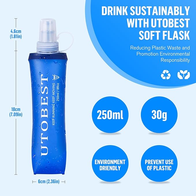 Soft Flask, 2 Pack Soft Flask Running Bottles 250 ml,TPU Foldable Running Flask, Portable Collapsible Flask Handheld for Travel Traveling Hiking Cycling City Walk