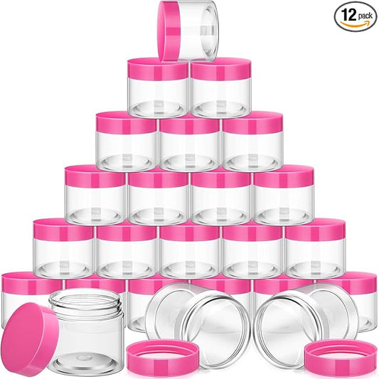 SATINIOR 12 Pack 8 oz Plastic Container Jars with Lids Round Clear Travel Cosmetic Container Slime Jars for Toiletries, Lotion, Cream, Ointments, Makeup, Rhinestone, Samples, Kitchen Storage(Pink)