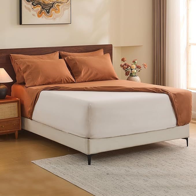 MEISHANG 100% French Pure Linen Sheets Queen Size - Extra Deep Pocket Sheet Set, Soft Durable Flax Linen, Anti-Tear Breathable & Oeko-Tex Certified 18-24 Deep Pocket,All Season(Brown)