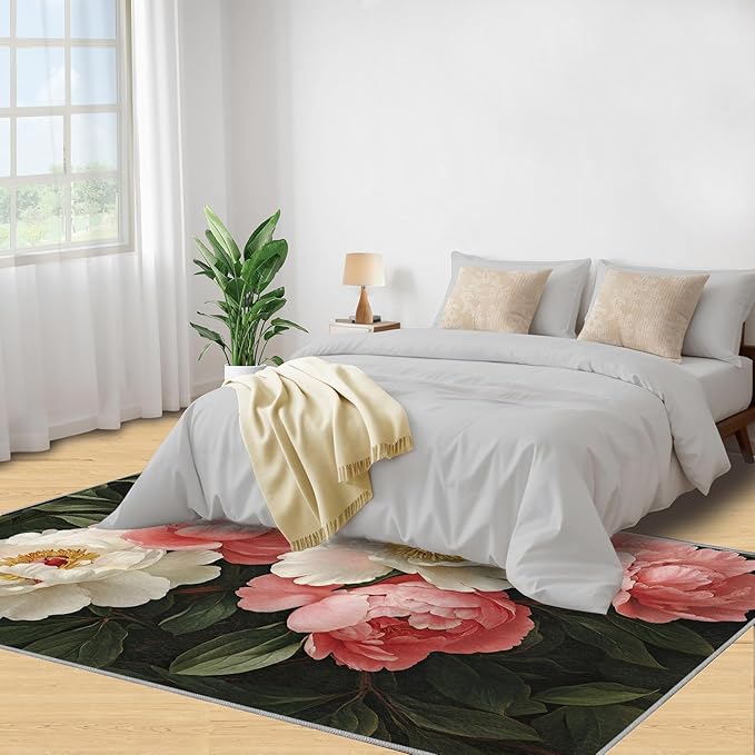 Rustic Flowers Washable Area Rug 4x5, Peony Soft Rugs for Living Room Petals Carpet Area Rugs for Bedroom Dining Room Non-Slip Stain Resistant Rug