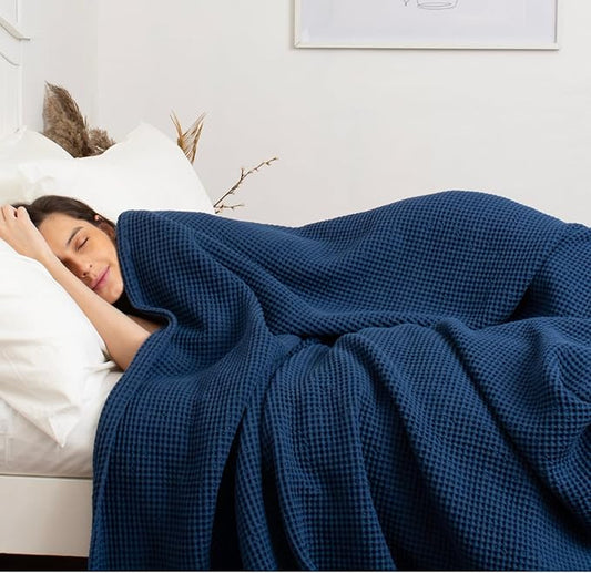 100% Cotton Waffle Blankets for Bed - Queen (90" x 90") Lightweight, Breathable and Soft, Waffle Weave Blanket for All-Season - Summer, Spring, Winter (Blue)