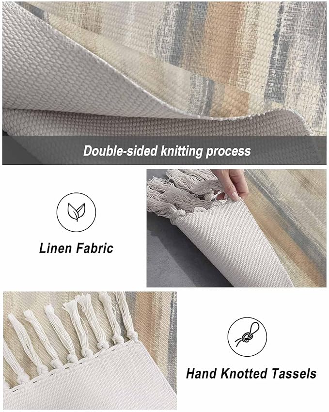 Beige Gray Brown Runner Rug 2X4 Ft Entryway Outdoor Indoor Mat, Washable Woven Abstract Ombre Art Throw Carpet with Tassel, Non-Shedding Vintage Minimalist Gradient Aesthetic Hallway Bath Mats